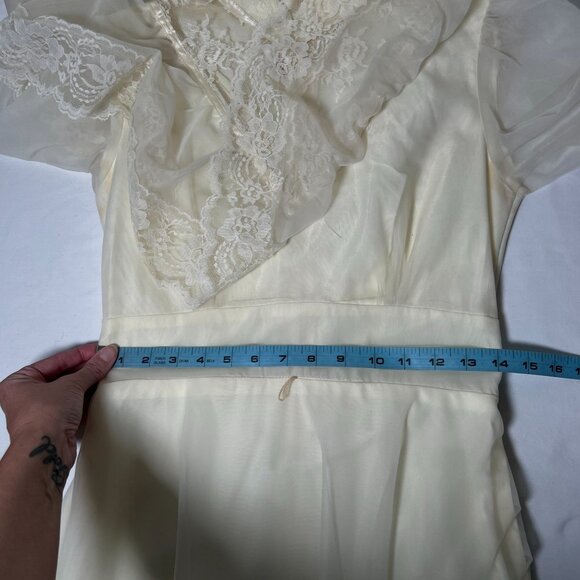 Vintage 70s Chiffon Maxi Wedding Dress Union Made Prom Ivory Lace Hi Neck Small - Picture 7 of 16